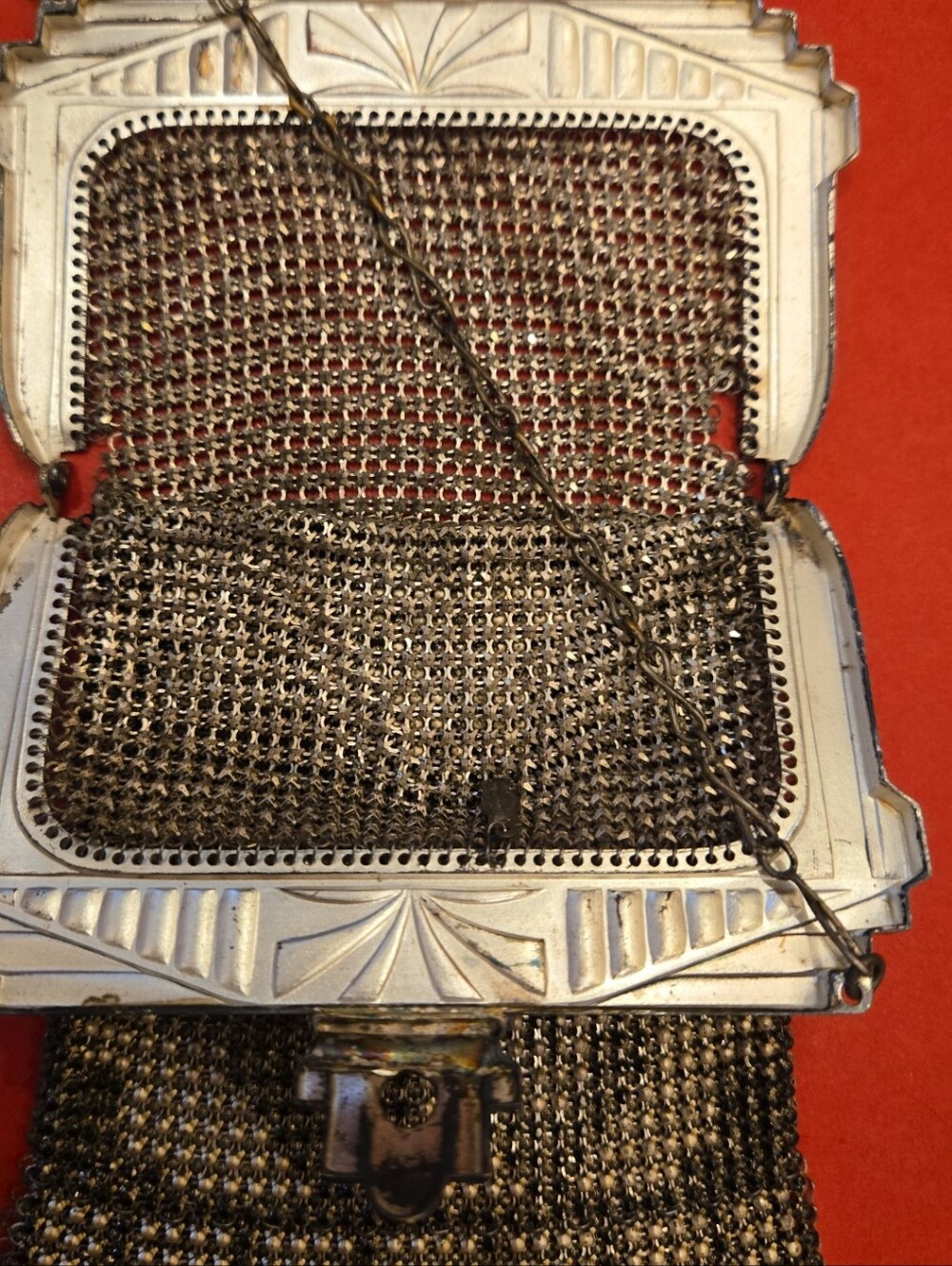 Whiting Davis Mesh Purse Art Deco Flapper 1920's Sunburst Clasp Clover ? Design - Picture 6 of 9